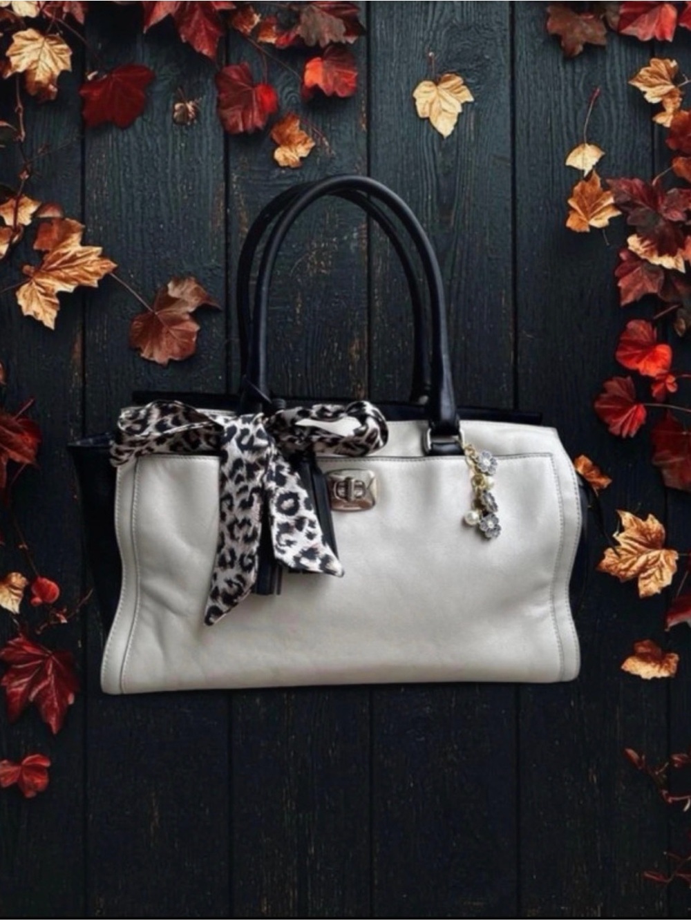 Coach White Leather Tote with Black Handles and Leopard Scarf